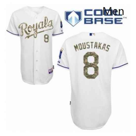 Mens Majestic Kansas City Royals 8 Mike Moustakas Authentic White USMC Cool Base MLB Jersey